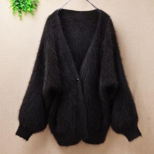 Top quality hairy fuzzy thick warm mink cashmere deep v-neck long batwing sleeves cardigans angora fur brown knitted jacket coat