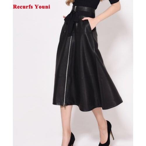 Female Vintage Genuine Leather 80 cm long Skirt Women Laceing Bubble Skin High Waist Faldas Largas Mujer Middle Zipper Spodnica