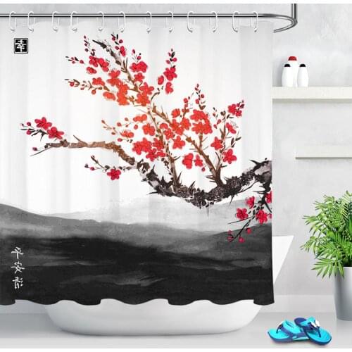 Chinese Style Plum Flower Shower Curtain For Bathroom Waterproof Polyester Fabric Traditional Ink Painting Bath Curtain Screen
