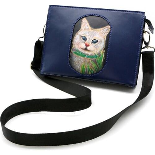 Women Men Vegetable Tanned Leather Shoulder Bag Money Holder Cowhide Hand-carved Cute Kitty Clutch Purse Clutches Envelope Gifts