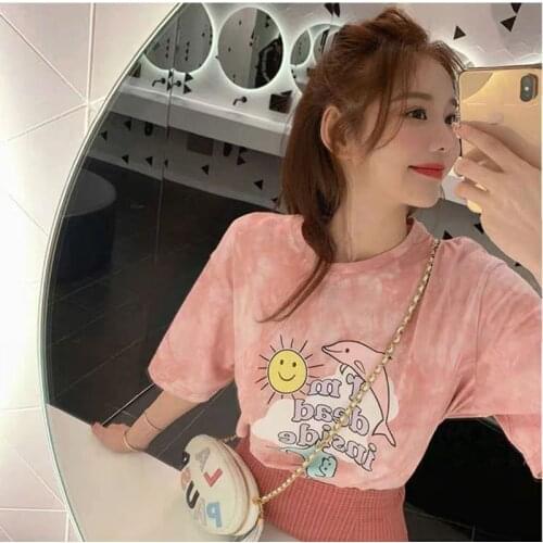 Womens Short Sleeve Shirt Trendy Fashion Womens Summer T-Shirt 2021 Tie Dye Loose Korean Lazy Style Large Size