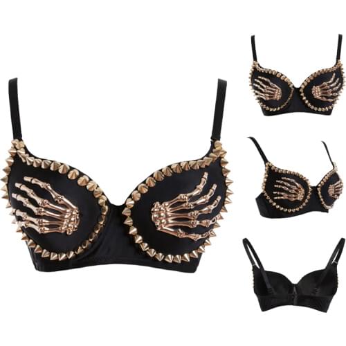 Punk Studded Gold Hand Bone and Rivets Bras For Women Underwear Brassiere Soutien Gorge Sexy Push Up Bra Club Wear Bralette Top