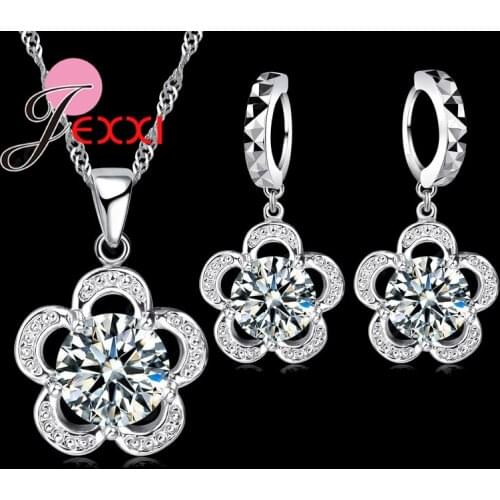 Vintage Antique 925 Sterling Silver Flower Cubic Zirconia Necklace And Earrings Womens Jewelry Sets Anniversary Gift