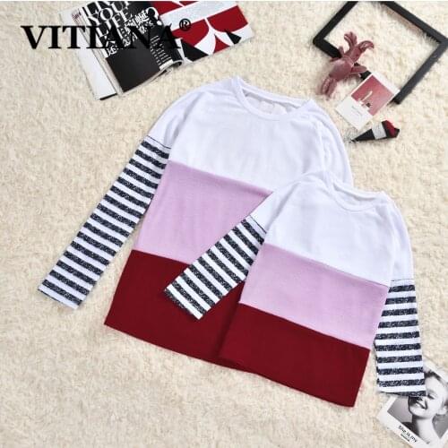 VITIANA Mother And Girl Long Sleeve Tshirt Autumn Spring 2021 Women Striped Pullovers Casual Tshirts Kids Clothing Children