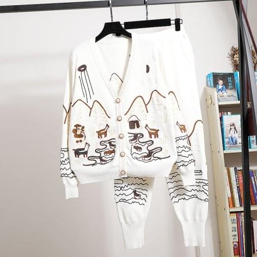 White Gray Knitted Set Women Tracksuits Embroidery Cardigan Sweater Pencil Pants Two Piece Outfits Female Loose Casual Knit Suit