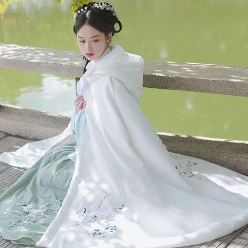 Winter Women Hanfu Cloak Chinese Ancient Traditional Thickness Hooded Pine Crane Embroidery Plush Cape Vintage Princess Overcoat