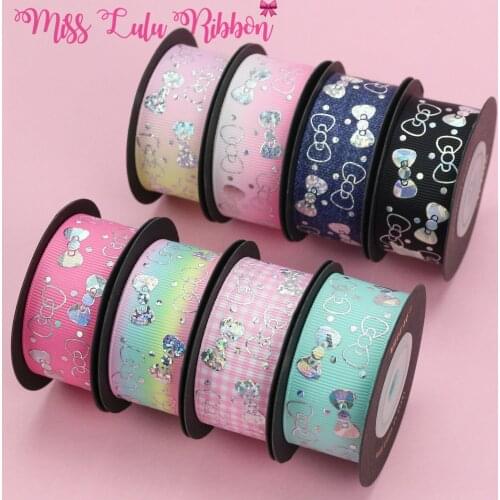 4 Yards/Roll 38mm Grosgrain Ribbon With Glitter Metallic Bow Print Pattern Handmade Hair Knot Party Girl Headdress Sewing