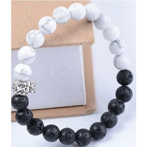 8mm whb42 adjusted Charm white Howlite Bracelet black volcanic lava Stone bead essential oils diffuser women