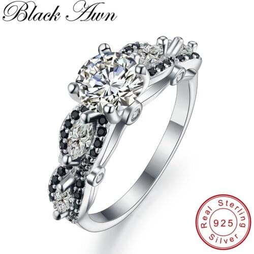 [BLACK AWN] Black & White Silver Eternity Band Jewelry Trendy Wedding Rings for Women Engagement Ring Femme Bijoux Bague C160