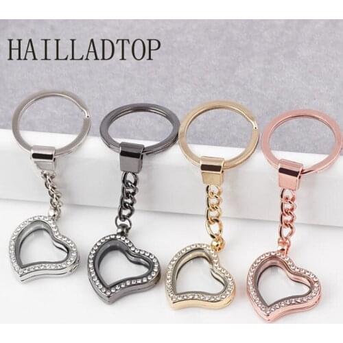 Shining Rhinestone Keychain Floating Locket Cute Love Jewelry Mothers Day Gift Silver Rose Gold Color Key Chain Locket Photo