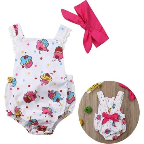 2020 Baby girls Summer Bodysuits Clothes Ice Cream Print Sleeveless Bodysuit Headband 2pcs Outfit Clothes Sunsuit