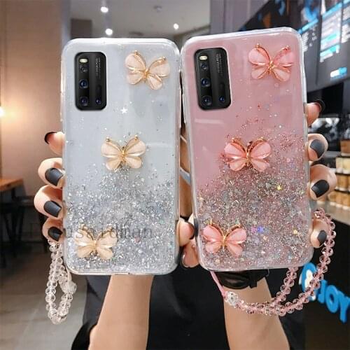 Butterfly Wrist Glitter Phone Case For Samsung Galaxy S21 Ultra S20 Plus S8 S9 S10 Lite M30 M31 M30S M31S M21 M51 Lanyard Cover