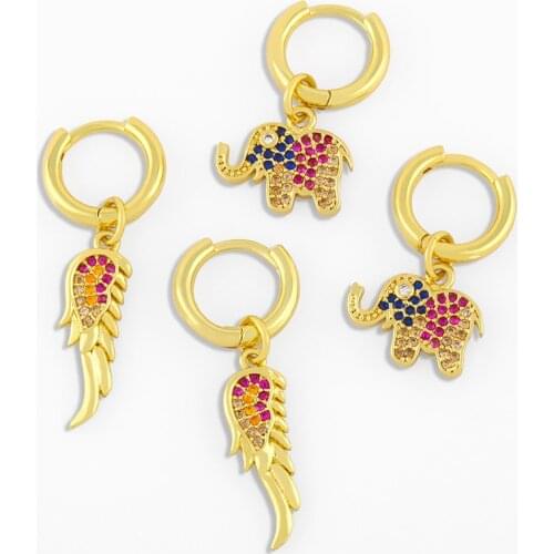 FLOLA Cute Elephant Earrings For Women Small Angel Wing Drop Earrings Charm Huggies Cubic Zirconia Rainbow Jewelry Gifts ersv88