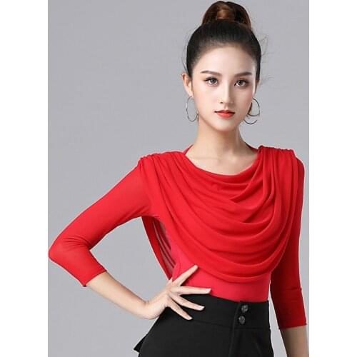 New Hot Modern Dance Practise Clothes Women Latin Mesh Top Red Long Sleeve Latin Dance Wear T Shirt Square Dance Workout Clothes