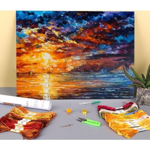 Unforgettable Sunset Printed Canvas 11CT Cross-Stitch DIY Embroidery Kit DMC Threads Handmade work Handicraft Craft Decor
