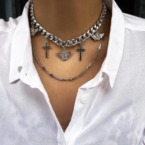 Multi Layered Curb Cuban Choker Necklace Set Cross Bird Pendant Chain Necklaces Women Hip Hop Jewelry bijoux femme