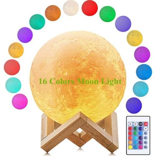3D Print Moon Light Touch Sensor Remote Control 16 Colors LED Night Light Dimmable USB Rechargeable Bedroom Bedside Table Lamp