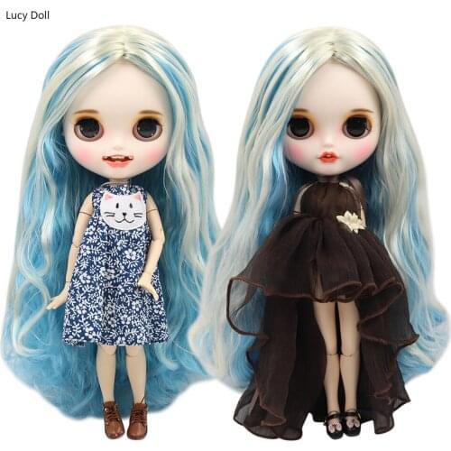 ICY Factory Blythee Doll 1/6 Bjd White Skin Joint Body Blue Mix Hair, New Matte Face Open Mouth Customized Face, BL6227/6025