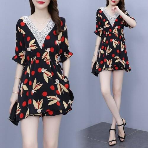 2021 Summer Fashion Plus Size Clothes Women Loose V-Neck Womens Suits Lace Patchwork Print Backless Short Set Female