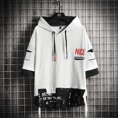 Summer 2021 Short White Black Hoodie Sweatshirt Mens Hip Hop Punk Pullover Streetwear Casual Fashion Clothes