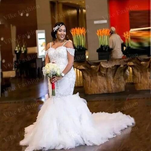 MYYBLE Plus Size Wedding Dresses Spaghetti Straps Lace Appliques Beaded Capped Off Shoulder Mermaid Wedding Tiered Tulle Long