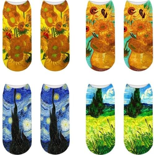Happy Van Gogh Oil Painting Casual Ankle Socks Fashion Harajuku Sunflower Kawaii Cotton Men Women Socks Summer Low Cut Socks