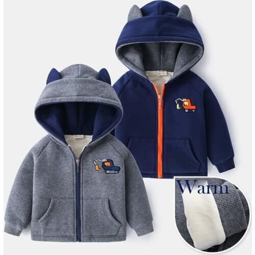 Boys Autumn Winter Jackets Long Sleeve Hooded Cartoon Excavator Pattern Zipper Overcoat Kids Children Coats