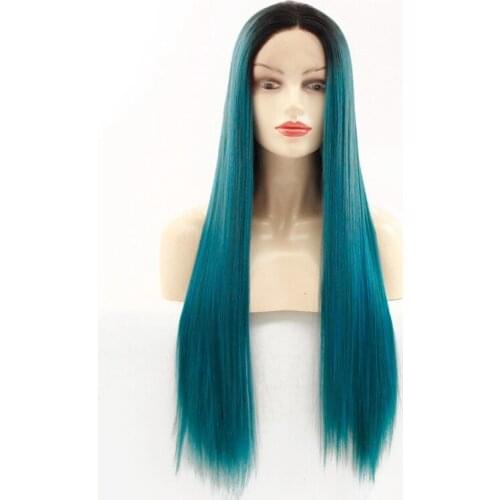 Dark Root 1B/Bluish Green Color Synthetic Wigs For Women Straight Soft Wig Ombre Cosplay Party Heavy Full Straight Lace Front