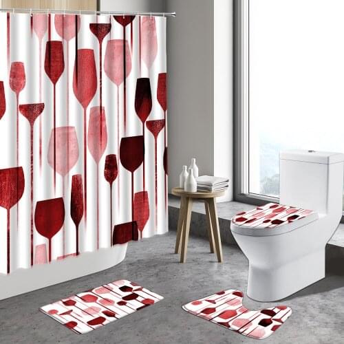 Simple Modern Shower Curtain Red Wine Glass Geometric Pattern Bathroom Set With Non-Slip Rug Toilet Lid Bath Mat Foot Pad Carpet