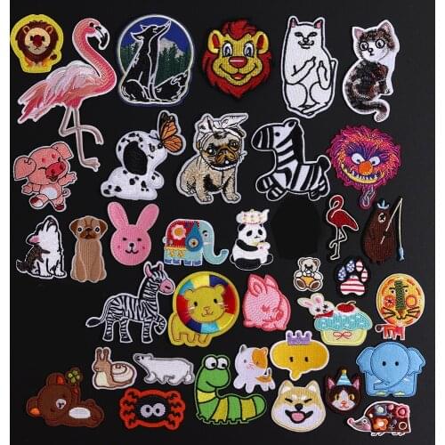 Mix Design Cartoon Iron on Patches Cute Animal Bear Dog Cat Embroidered Applique Stickers Jacket Badges DIY Clothing Accessory