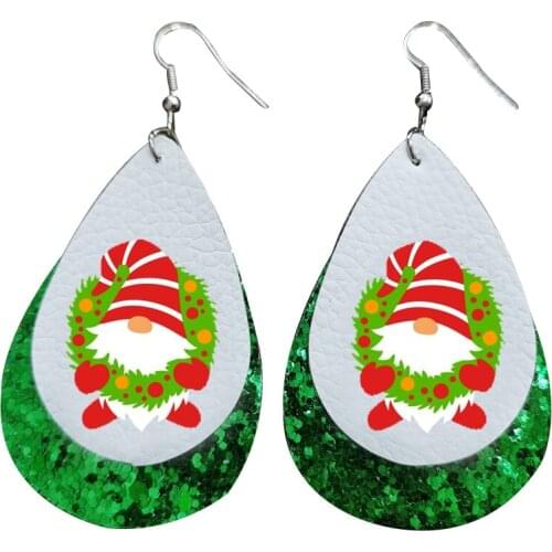 Happy Chirstmas Theme Faux Leather Teardrop Gnomes Earrings Layered Glitter Day Of Death Double Print Earrings New