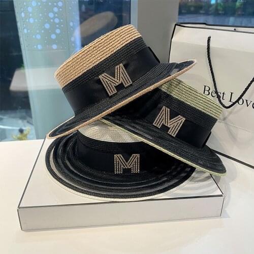 2021 New M Letter Flat Top Straw Hat Ribbon Boater Beach Hat Womens Summer Wide Brim Fedora Panama Straw Travel Sun Cap