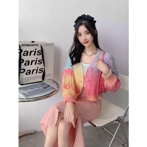 Sweater womens autumn 2021 new short paragraph thin French rainbow color knitted jacket lazy cardigan jacket