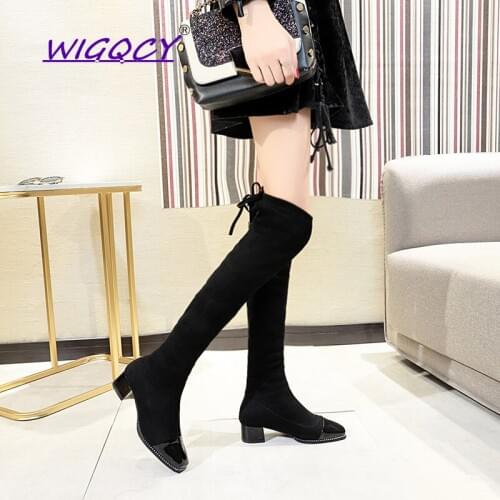 Suede Over The Knee Boots Women Winter Boots Fashion Riband Sexy Women Shoes Black Women Boots Pointed Square Heel Female Shoes