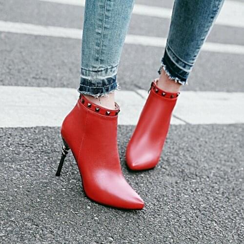 Womens Boots winter new style fashion Rivet Pointed zipper Fine heel High heel Short tube Womens shoe plus size 34-43