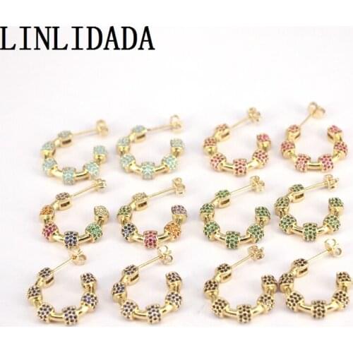 3Pairs New Trendy Gold Color Brincos Stud-Earrings Romantic CZ Micro Pave Zirconia Geometric Earring for Girls Women Gift