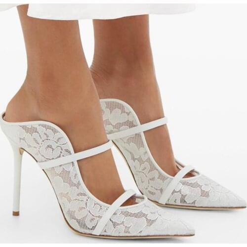 Slippers Women Super High Heels Sandals Pointed Sweet White Lace Thin Heeled Party Wedding Shoes Modern Slippers Pumps Slides