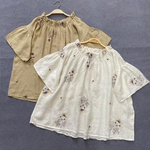 Johnature Ruffles Sleeve Vintage Linen Shirts 2021 Summer New Loose Embroidery Solid Color O-neck Women Blouses Tops
