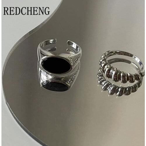 REDCHENG 925 Sterling Silver Twist Winding Opening Rings for Women Fashion Vintage Punk Black Geometric Anniversary Jewelry Gift