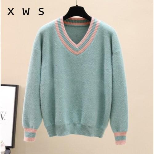 2020 Women Winter Vneck Sweaters Warm Thick stripe Pullover Cashmere mohair Jumpers Soft Casual Knitwear Sweater Pull Femme