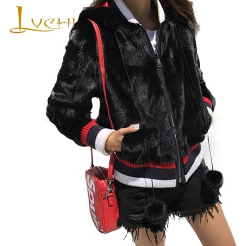LVCHI Women Winter Real Fur Coat 2019 Strioed Long Sleeve Mink Coat Female Thick With Hat Natural Fur Overcoats Young Women Coat