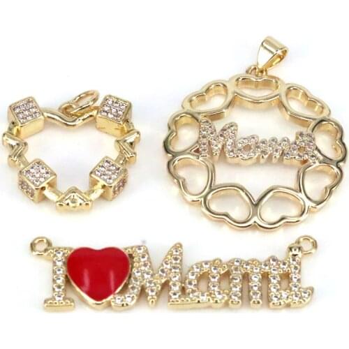 10Pcs Gold Color CZ Crystal Round Heart Shape Neck Pendants MaMa Trendy Charms Pendant Diy Necklace Jewelry Charm