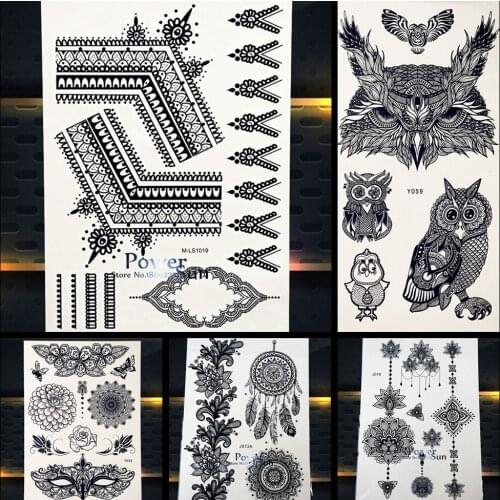 25 Style Symmetric Design Black Henna Tattoo Sticker Triangle Women Hands Temporary Waterproof Fake Tattoo Mehndi Paste Geometry