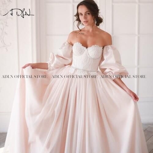 ADLN Elegant Puff Sleeves Wedding Dresses Sweetheart Neckline Tulle Detachable A-line Bridal Gown Plus Size Bride Dress with Bow