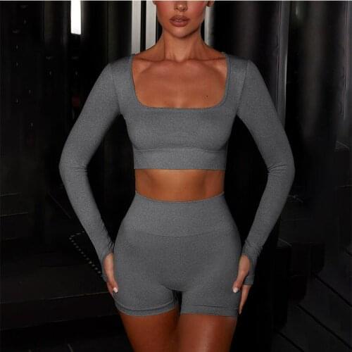 Seamless Yoga Sets Women Sexy Long Sleeve Crop Top High Waist Short Fitness Running Athletics Gym Slim Fit Gym Workout Tracksuit