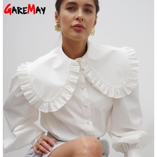 2021 Autumn Womens French Style Palace Cotton Blouses Lace Collar Shirt Female Vintage Lantern Sleeve Button Loose Blouse Tops