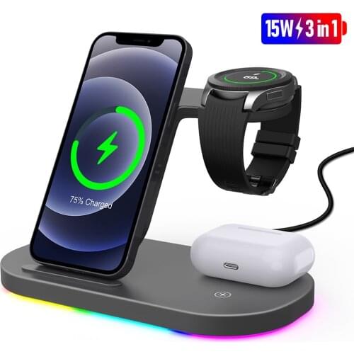 Fast Wireless Charger Qi 3 in 1 Wireless Charging Dock Station For Samsung Galaxy Watch For iPhone 12 Xiaomi Huawei For Airpods2