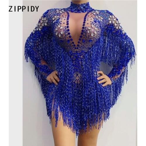 Blue Silver Rhinestones Transparent Fringe Bodysuit Birthday Celebrate Long Sleeves Dance Bar Women Singer Outfit