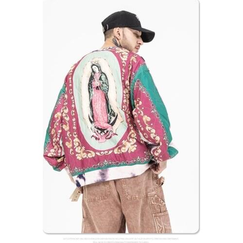 Hot sale in autumn and winter new retro tide brand stitching tie-dye Virgin Mary hedging mens sweater high street
