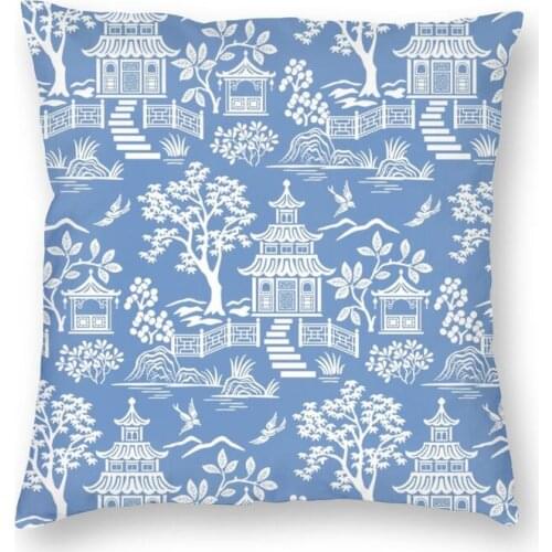 Chinoiserie Pagoda Ancien Blue Delft Willow Cushion Cover 40x40 Decoration Print Oriental Style Throw Pillow for Living Room